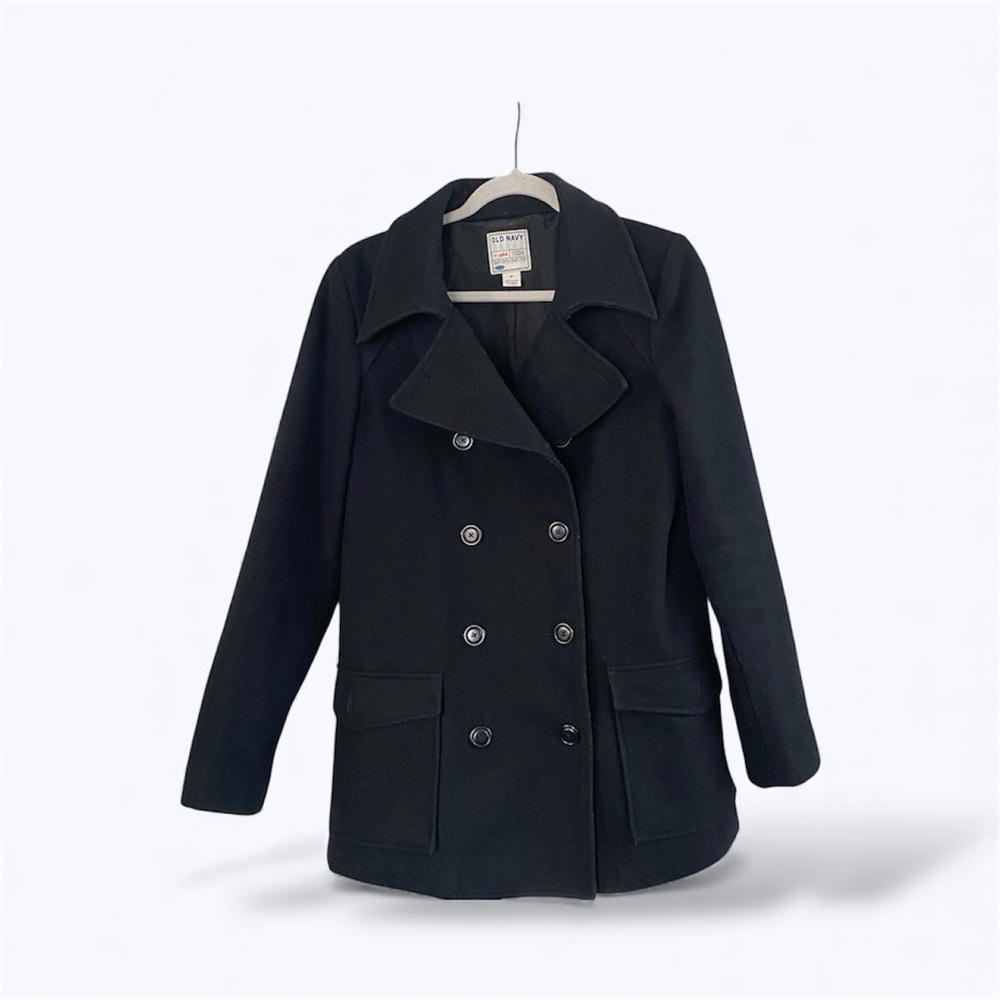 Old Navy Black Winter Brushed Wool Peacoat Warm Snow Travel Coat Outdoors